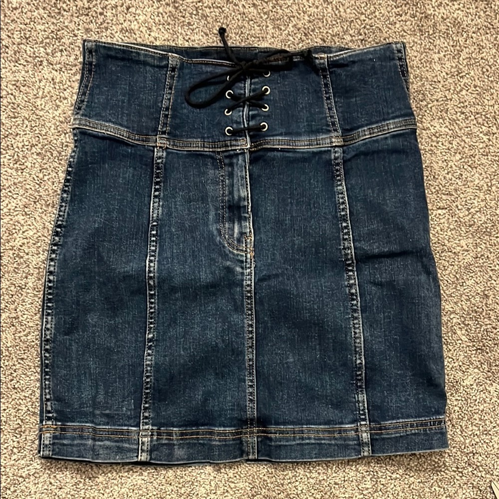 Free People Blue Mini Pencil Skirt with Lace Up Front